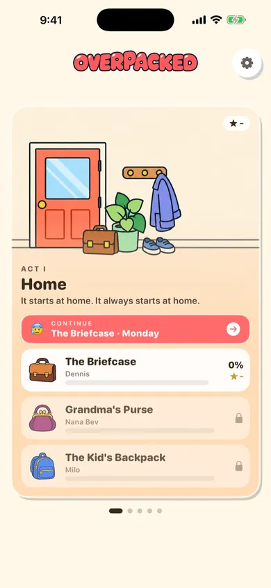 Overpacked home screen showing Act I: Home, with the Briefcase, Grandma’s Purse and the Kid’s Backpack